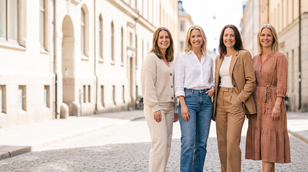 Four women in different everyday outfits on a bright Nordic street