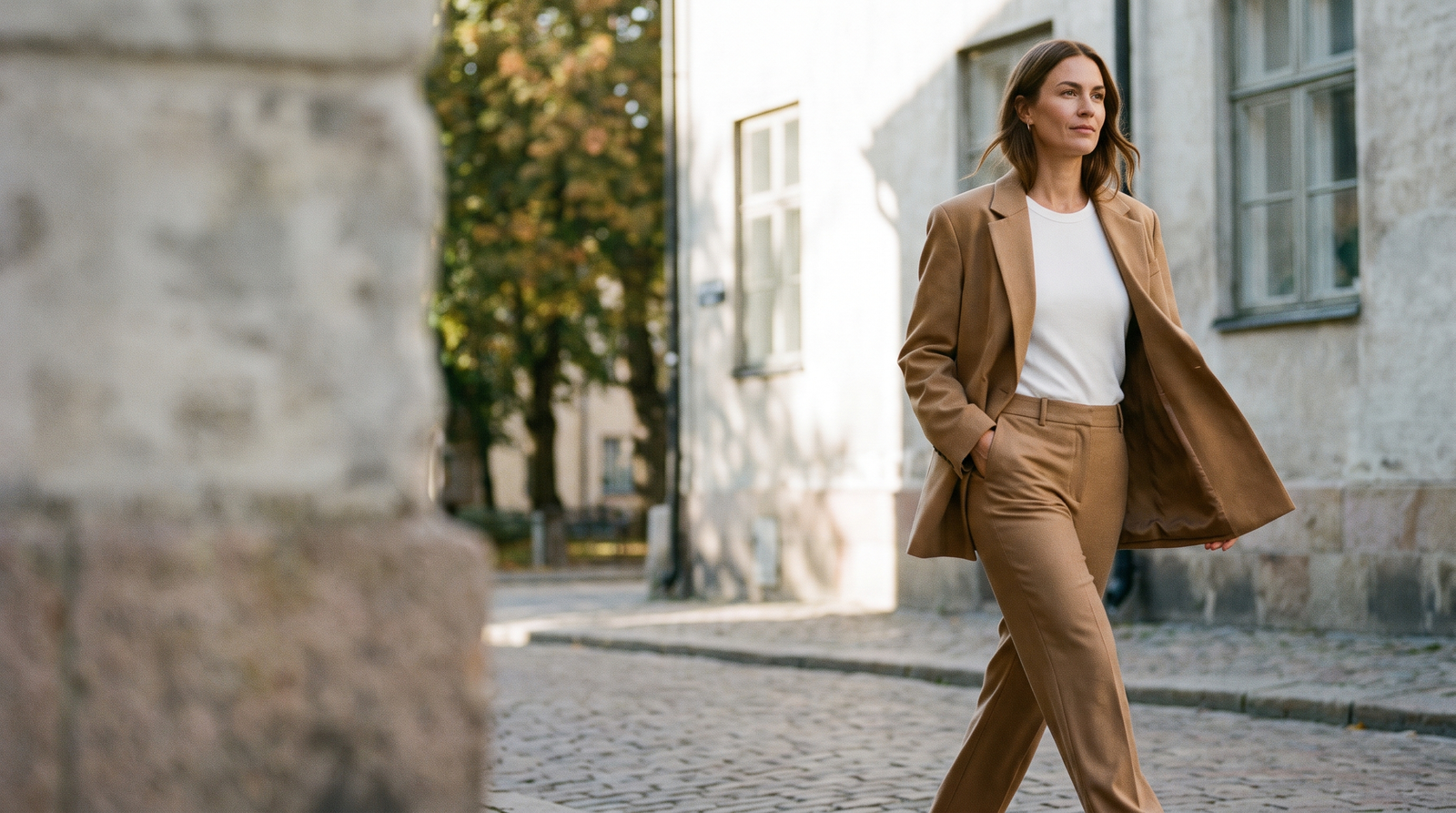Woman in a camel tailored blazer walking on a Nordic street in early autumn
